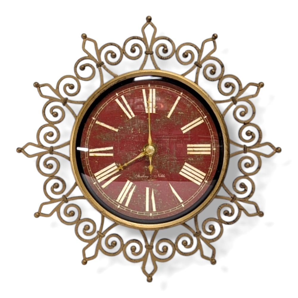 Sterling & Noble Quartz 10" Wall Clock Scroll Starburst Design Battery Powered